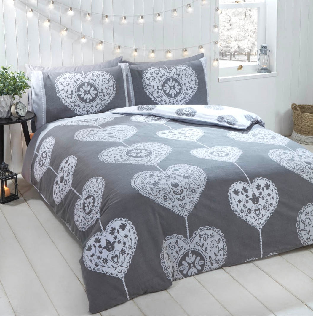 Scandi Heart Flannelette Duvet Cover Set Double Grey