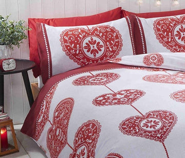 Scandi Heart Flannelette Duvet Cover Set Super King Red