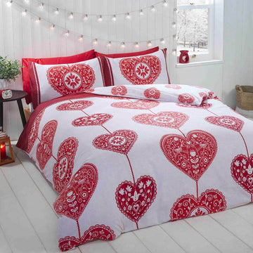 Scandi Heart Flannelette Duvet Cover Set Single Red