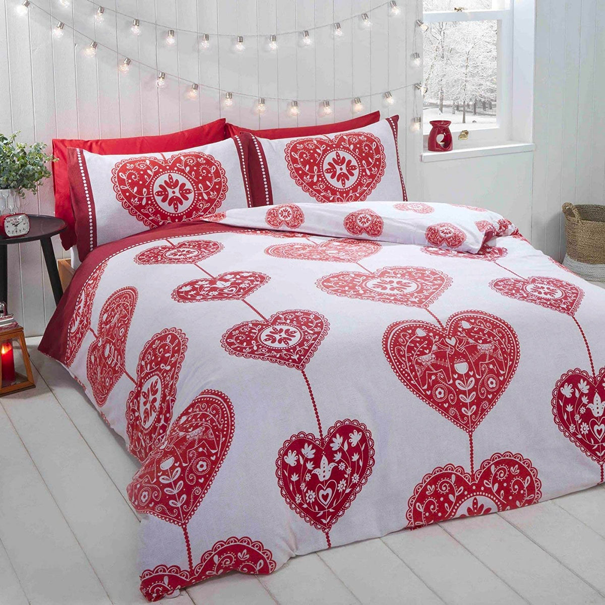 Scandi Heart Flannelette Duvet Cover Set King Red