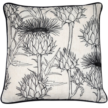 Malini Merida Cushion Embroidered Monochrome Thistle Design, Black