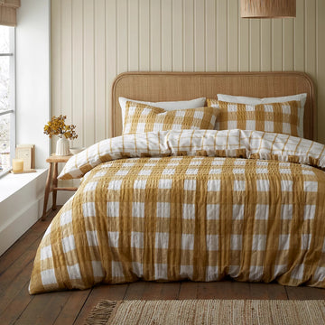 Catherine Lansfield Seersucker Gingham Duvet Cover Set, Double, Caramel Ochre