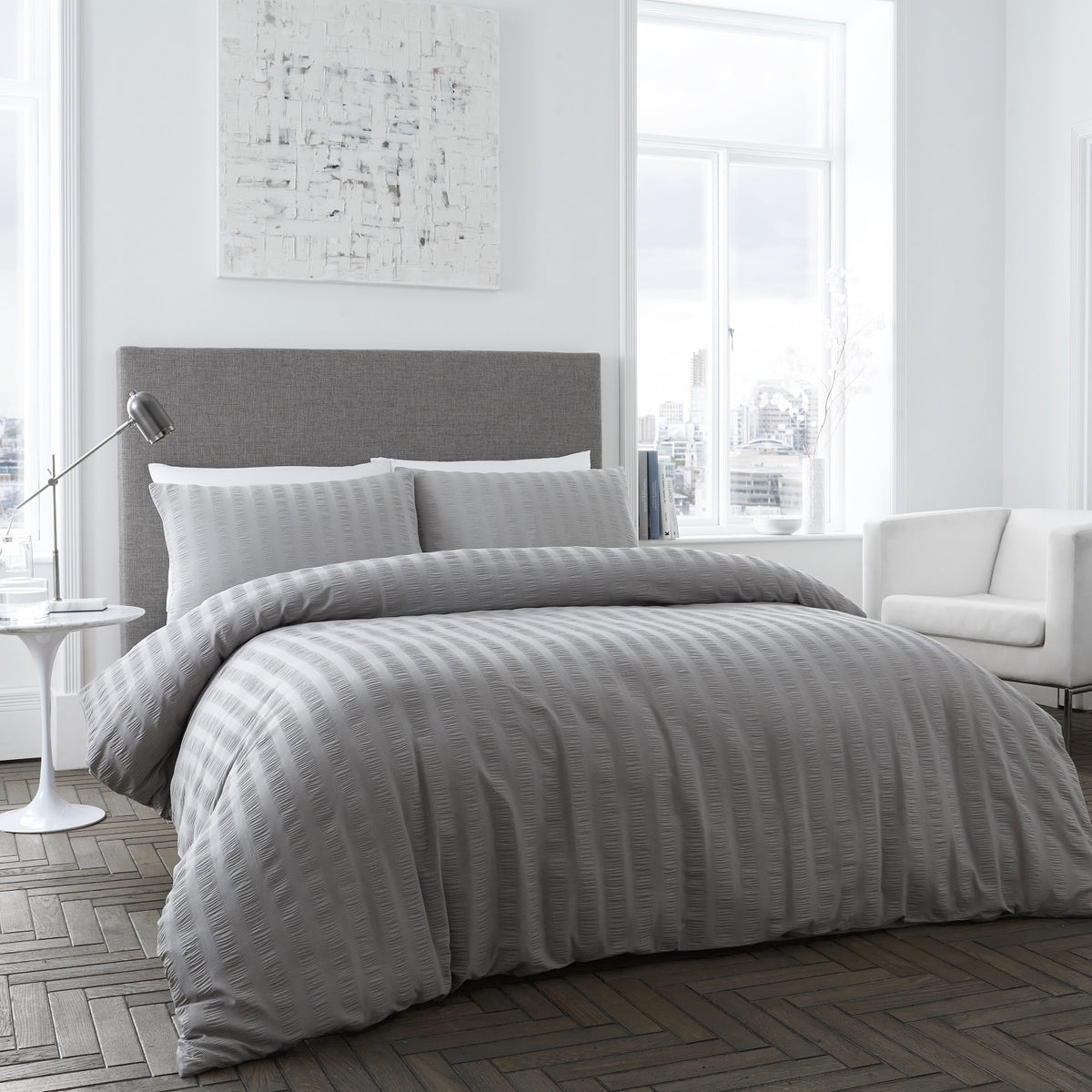 Seersucker Double Duvet Cover Bedding Set - Grey