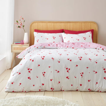 Catherine Lansfield Seersucker Heart Duvet Cover Set, Double, White & Red