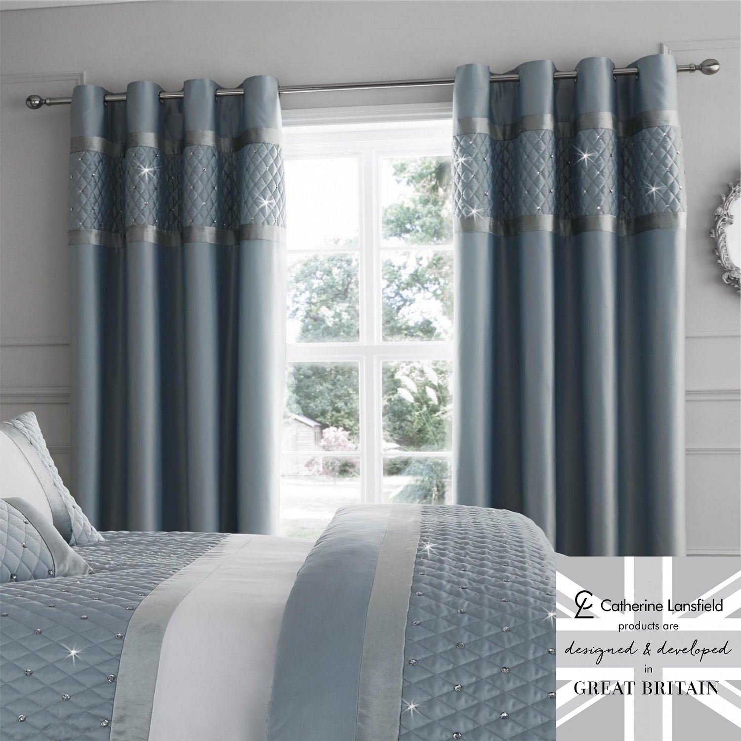 Catherine Lansfield Sequin Cluster Fully Lined Curtains 66x90" - Duck Egg Blue