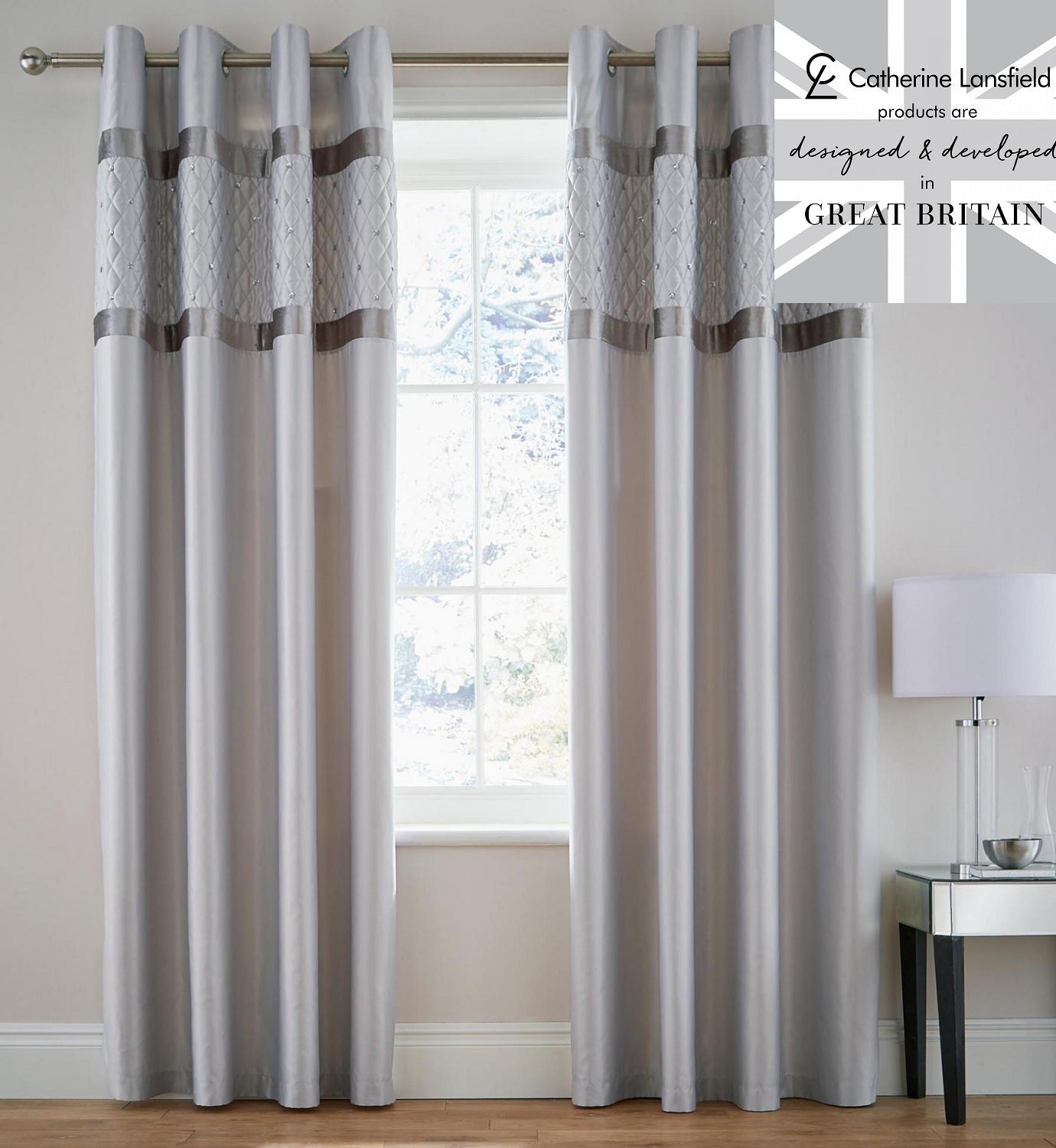 Catherine Lansfield Sequin Cluster Fully Lined Curtains 66x90" - Silver Grey