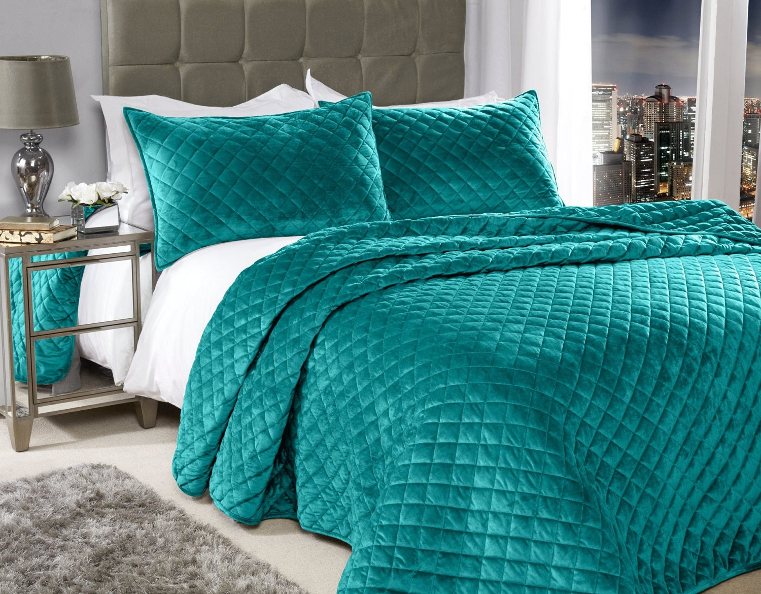 Quilted Velvet Bedspread With Pillow Shams, 220x240cm, Emerald Green