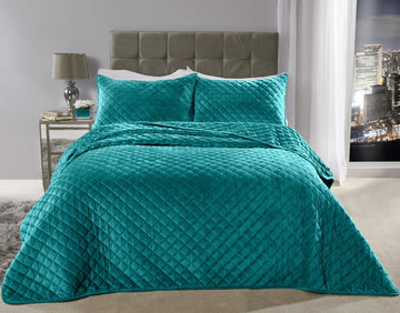Quilted Velvet Bedspread With Pillow Shams, 220x240cm, Emerald Green