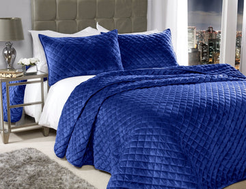 Quilted Velvet Bedspread With Pillow Shams, 220x240cm, Navy Blue