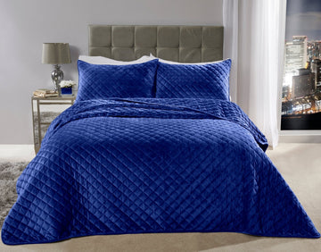 Quilted Velvet Bedspread With Pillow Shams, 220x240cm, Navy Blue