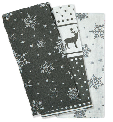 3pk Christmas Noel Kitchen Tea Towel Grey