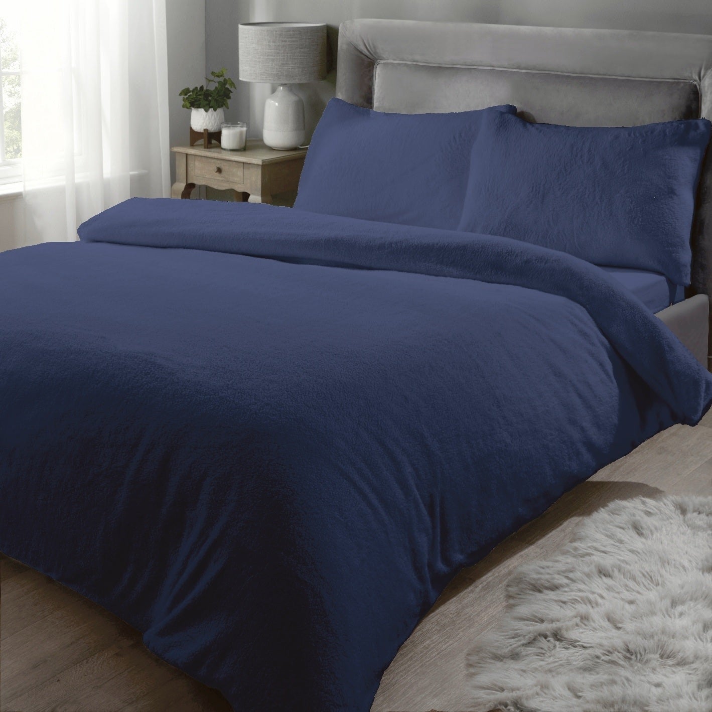 Teddy Fleece Duvet Cover Set Navy Blue King