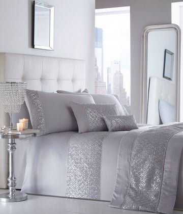 Sequin Diamante Double Duvet Cover Set - Shimmer Silver Grey