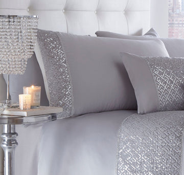 Sequin Diamante Double Duvet Cover Set - Shimmer Silver Grey