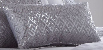 Luxury Sequin Diamante Filled Petit Cushion 18cm X 32cm Shimmer Silver Grey New