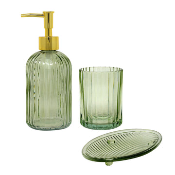 Green Glass Liquid Soap Dispenser Soap Tray & Bathroom Tumbler Set