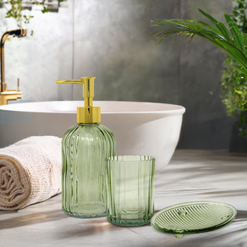 Green Glass Liquid Soap Dispenser Soap Tray & Bathroom Tumbler Set