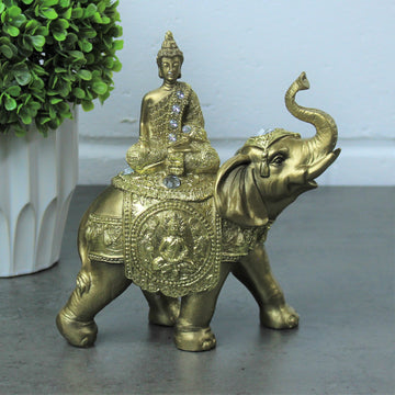 Antique Gold Jewelled Buddha Sitting on Elephant Ornament