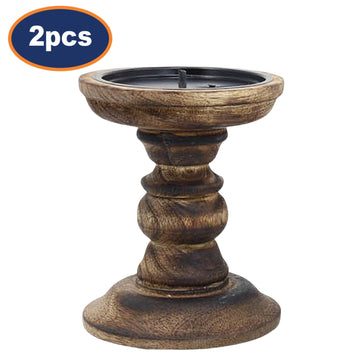 2Pcs Brown Wood Candle Stick Holder