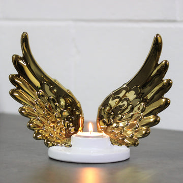 Ceramic Angel Wings Gold Tea Light Holder