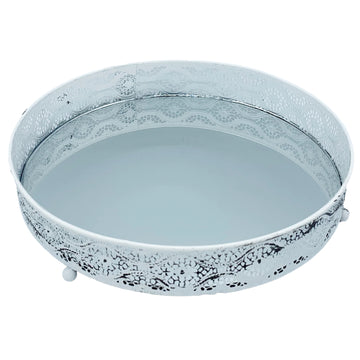 Medium White Metal Distressed Mirrored Candle Tray