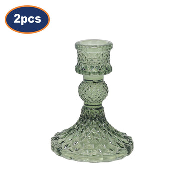 2Pcs Dark Green Diamond Cut Glass Taper Candlestick Holders