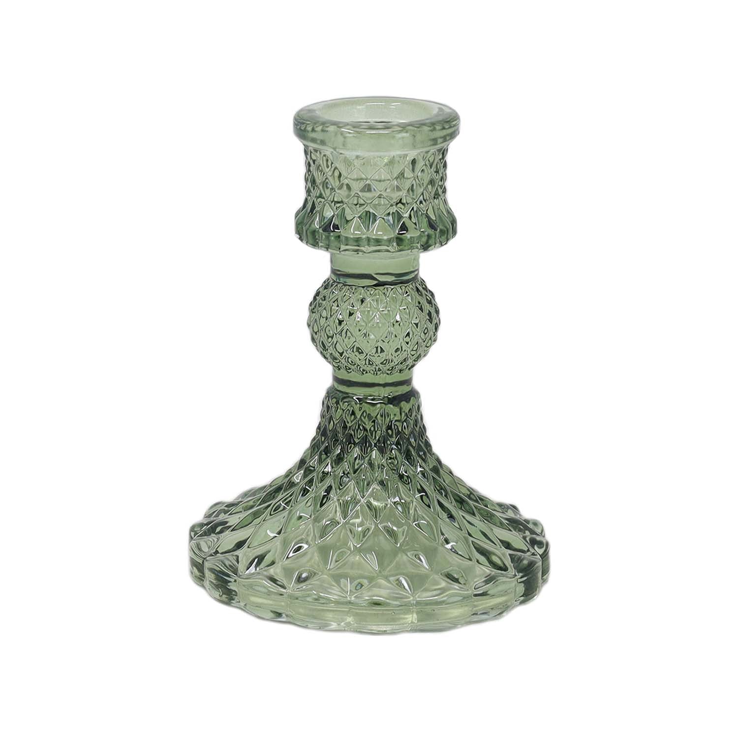 Dark Green Diamond Cut Glass Taper Candlestick Holder