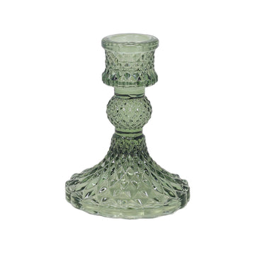 Dark Green Diamond Cut Glass Taper Candlestick Holder