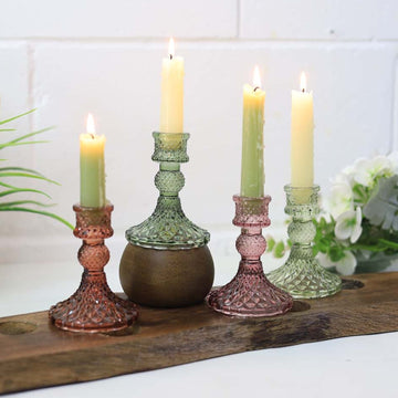 4Pcs Dark Green Diamond Cut Glass Taper Candlestick Holders
