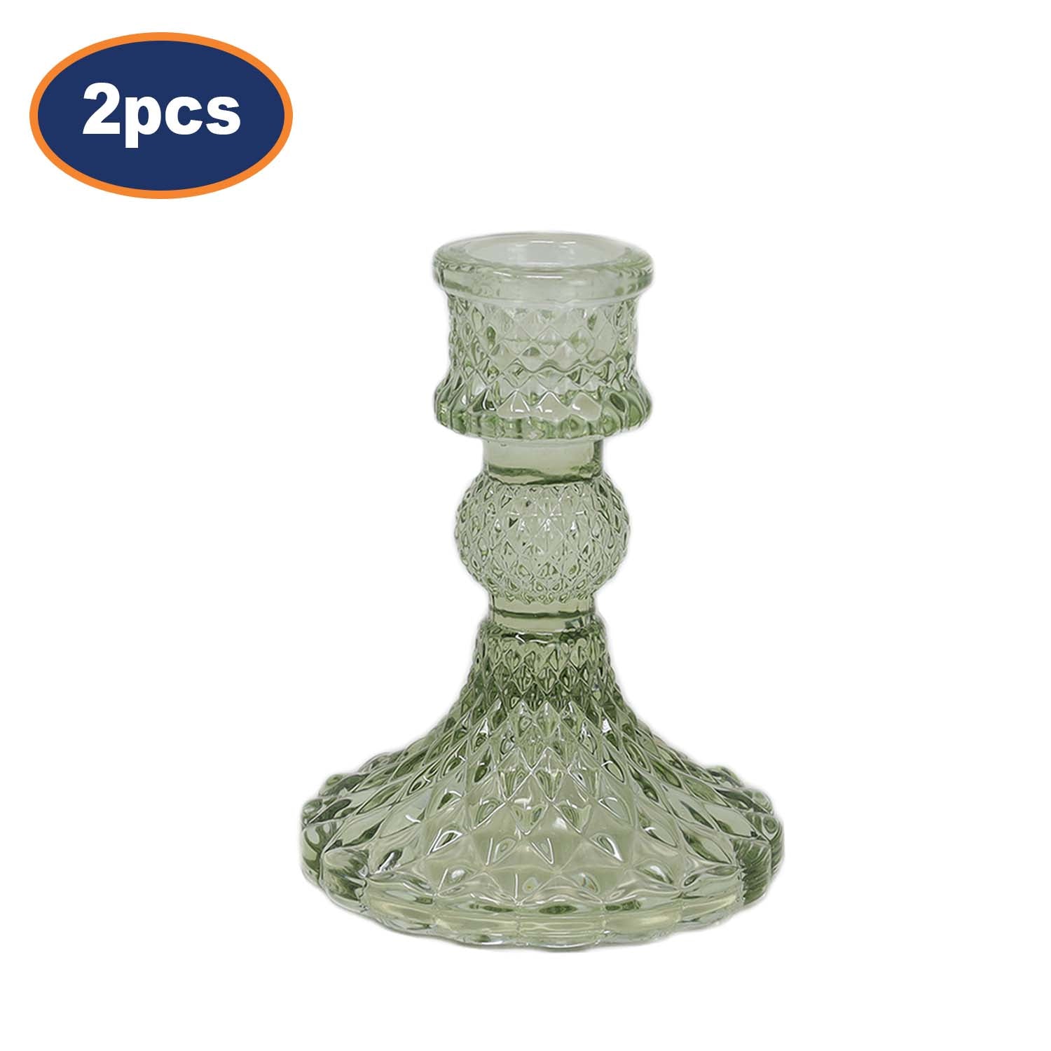 2Pcs Light Green Diamond Cut Glass Taper Candlestick Holders