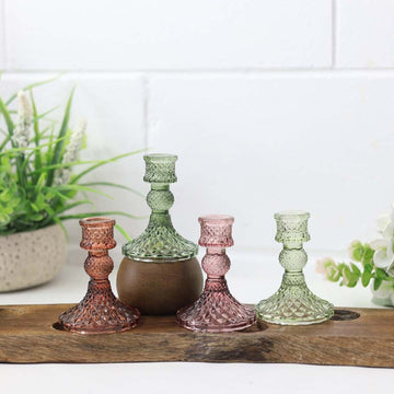 4Pcs Assorted Colours Diamond Cut Glass Candle Holders