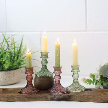 Rust Coloured Diamond Cut Glass Taper Candlestick Holder