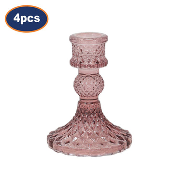 4Pcs Plum Coloured Diamond Cut Glass Taper Candlestick Holders