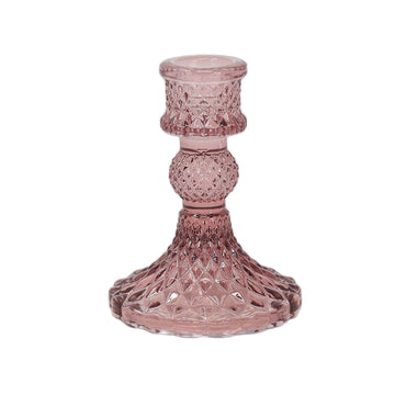 Plum Coloured Diamond Cut Glass Taper Candlestick Holder