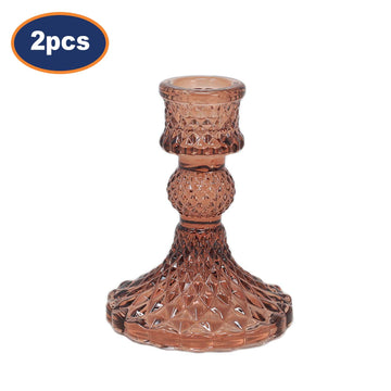 2Pcs Rust Coloured Diamond Cut Glass Taper Candlestick Holders