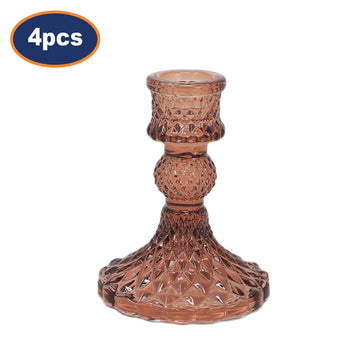 4Pcs Rust Coloured Diamond Cut Glass Taper Candlestick Holders