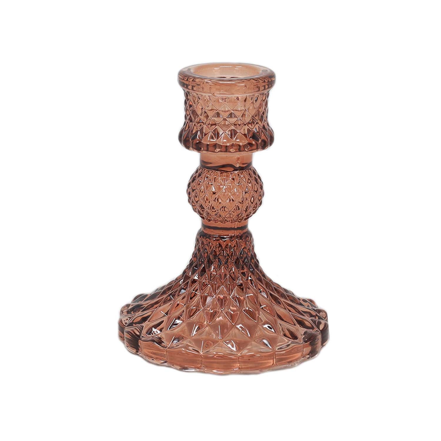 Rust Coloured Diamond Cut Glass Taper Candlestick Holder