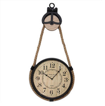 33cm Industrial Pulley & Rope Hanging Wall Clock
