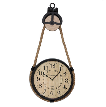 33cm Iron Framed Wooden Round Industrial Pulley & Rope Hanging Wall Clock