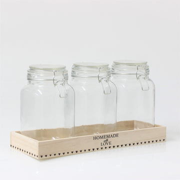 3pcs Glass Storage Large 1.5L Jars with Wood Tray