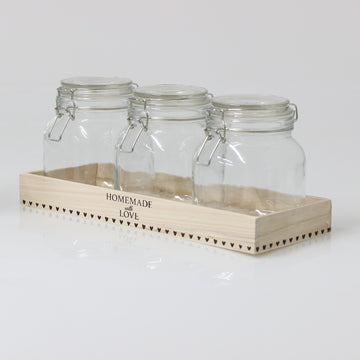 3pcs Glass Storage Small 1L Jars with Wood Tray