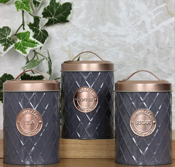 Set Of 3 Copper Grey Tea Coffee Sugar Canisters