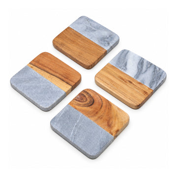 Set of 4 Wood Cream Marble Square Inlay Coasters