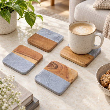 Set of 4 Wood Cream Marble Square Inlay Coasters