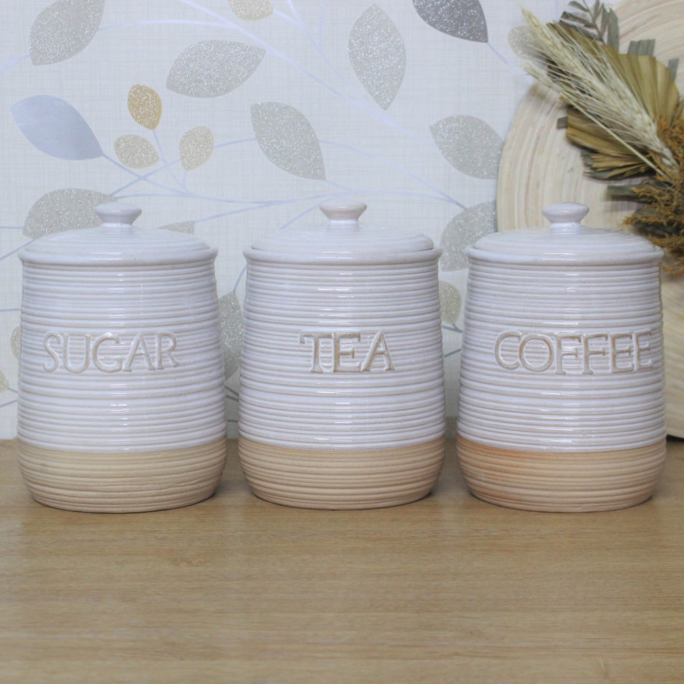 Stoneware Tea Coffee Sugar Canister Storage Container Kitchen Natural Design