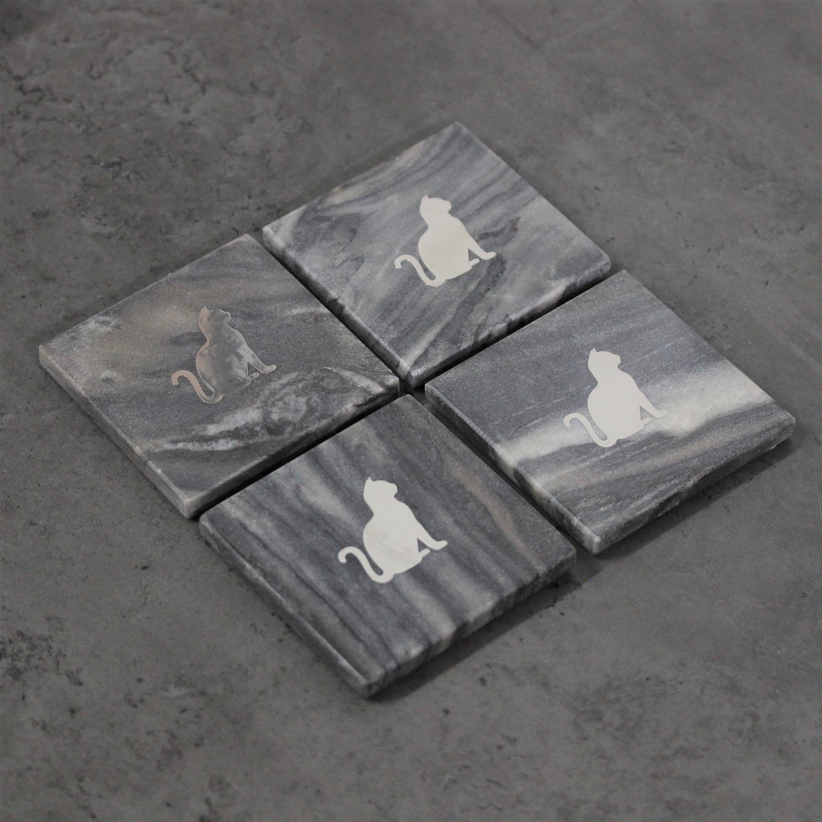 Set of 4 Grey  Marble Coasters - Cats
