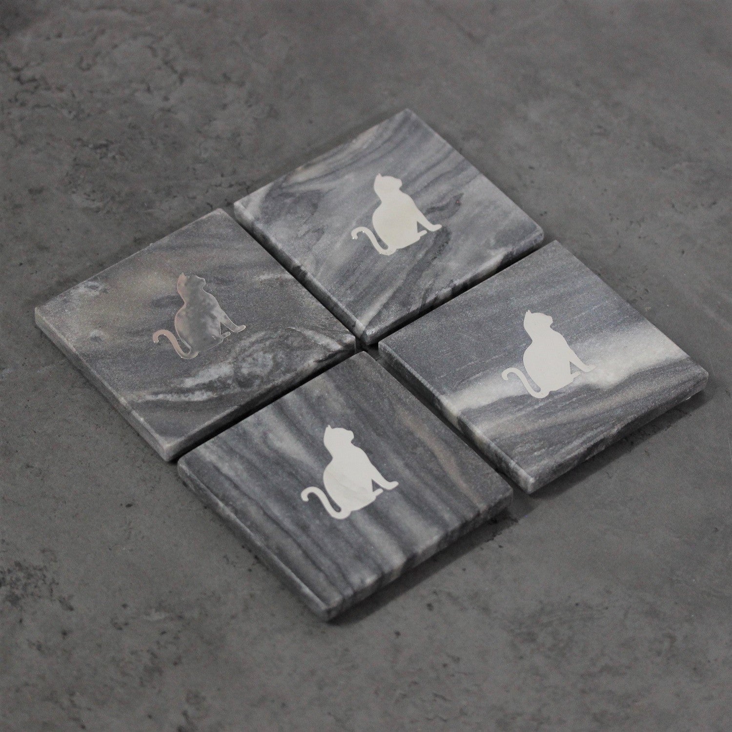 Set of 4 Grey  Marble Coasters - Cats