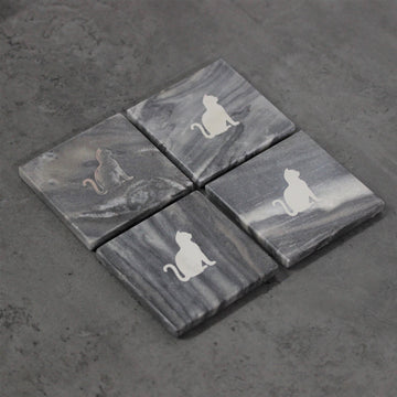 Set of 4 Grey  Marble Coasters - Cats