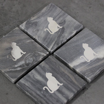 Set of 4 Grey  Marble Coasters - Cats