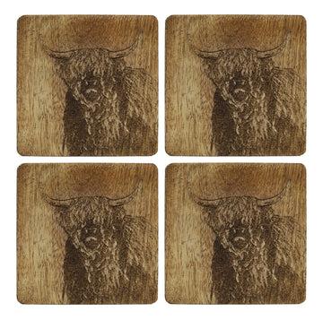 Set Of 4 Square Wooden Coasters Cow Design